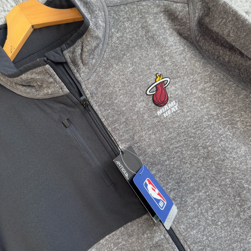 Antigua NBA Miami Heat Mens Full Zip Heathered Fleece Jacket Grey Black NEW
